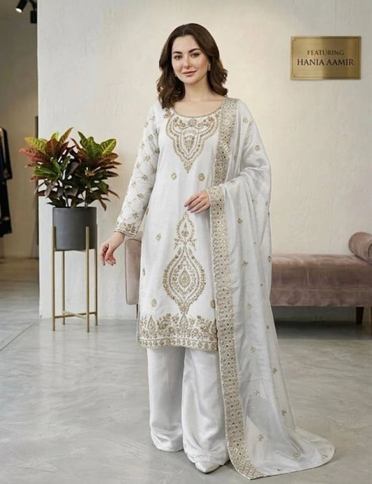 White Women Silk Blend Kurta Palazzo Dupatta Set in Germany