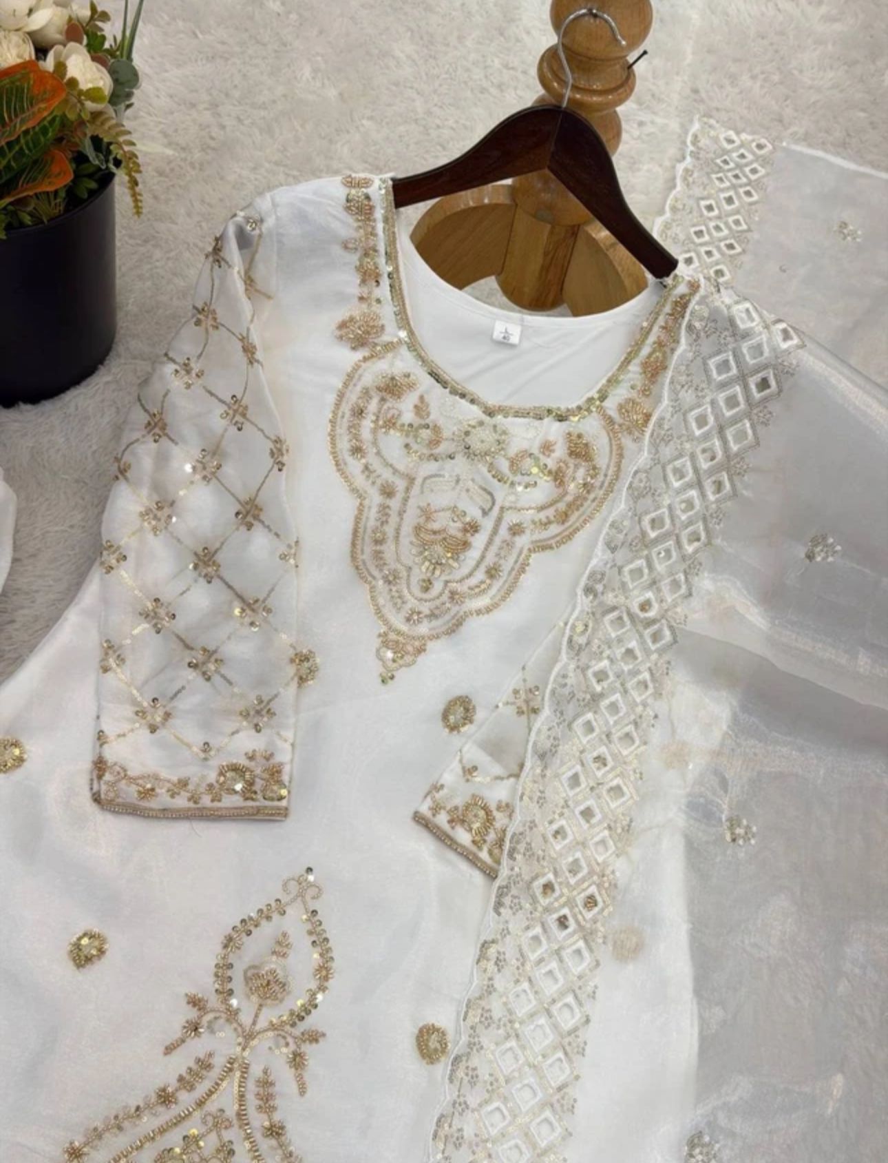 White Women Silk Blend Kurta Palazzo Dupatta Set in Germany