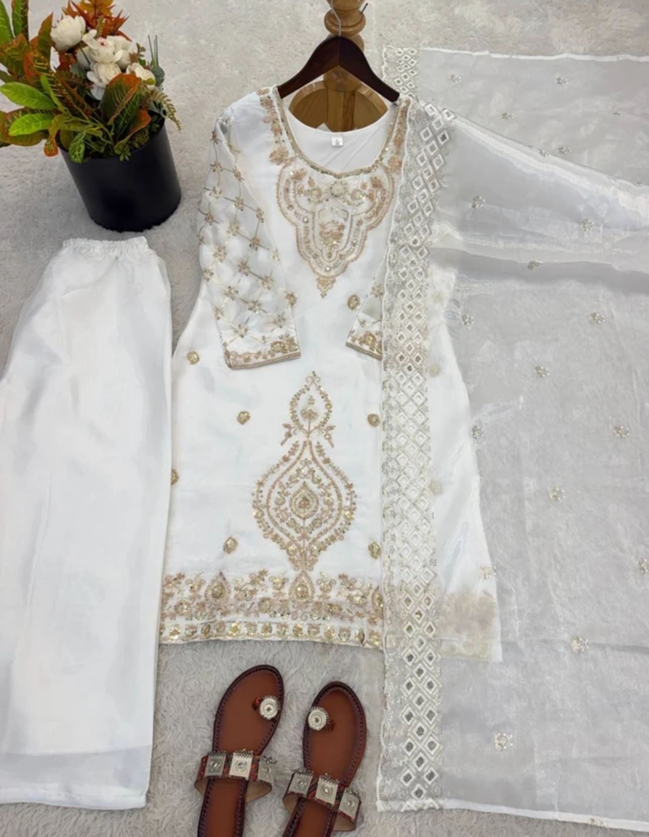 White Women Silk Blend Kurta Palazzo Dupatta Set in Germany