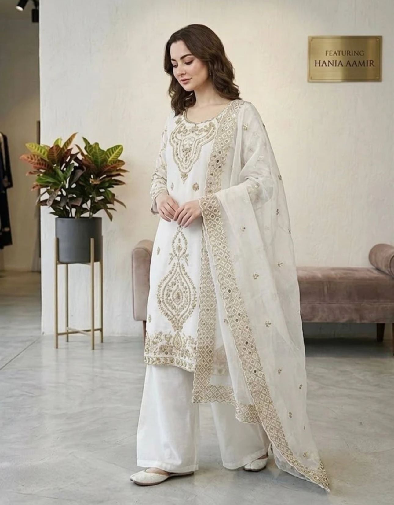 White Women Silk Blend Kurta Palazzo Dupatta Set in Germany