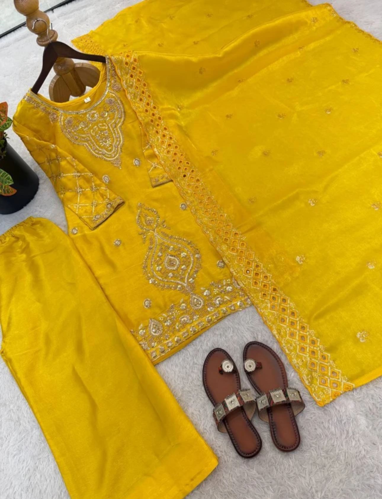 Yellow Women Silk Blend Kurta Palazzo Dupatta Set in Germany