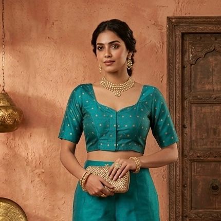 Green woven gold polka dots butti work Blouse in Germany