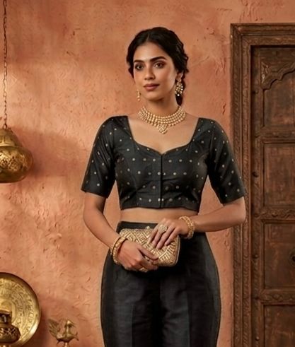 Black woven gold polka dots butti work Blouse in Germany