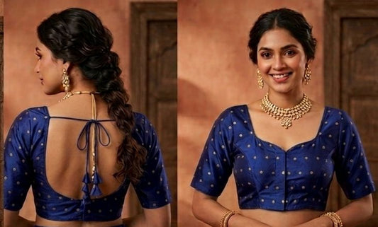 Blue woven gold polka dots butti work Blouse in Germany