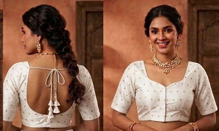 White woven gold polka dots butti work Blouse in Germany