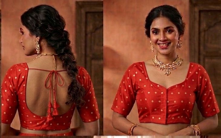 Red woven gold polka dots butti work Blouse in Germany