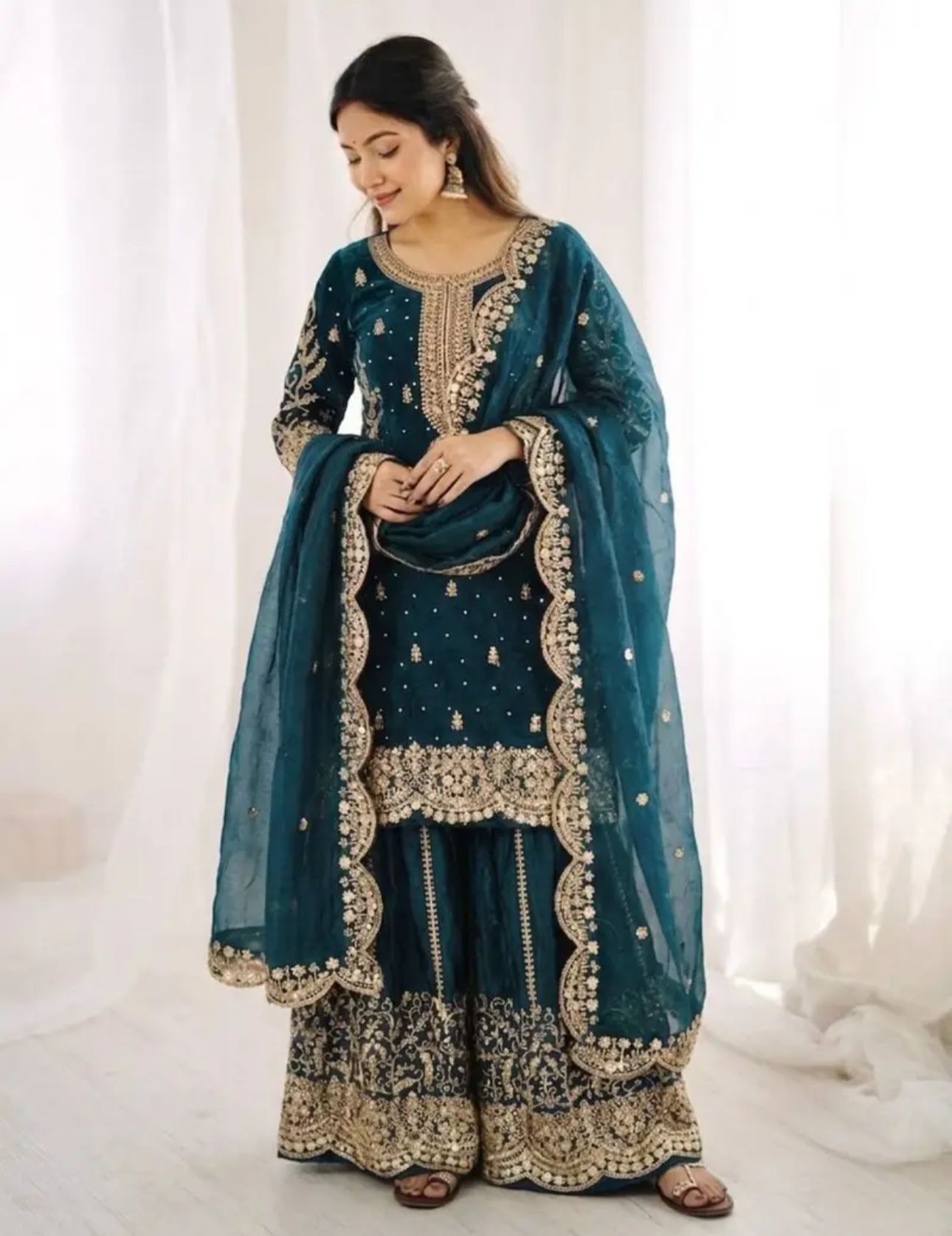 Latest Teal Blue Designer Silk Palazzo Suit for Women Party Wear In Germany