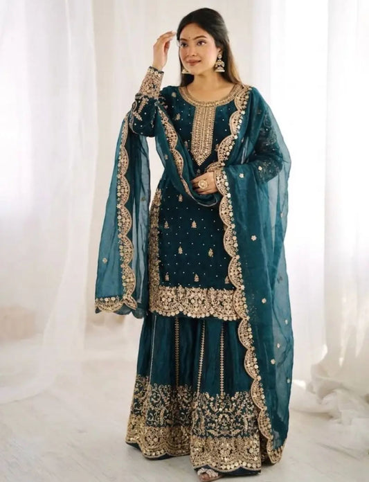Latest Teal Blue Designer Silk Palazzo Suit for Women Party Wear In Germany