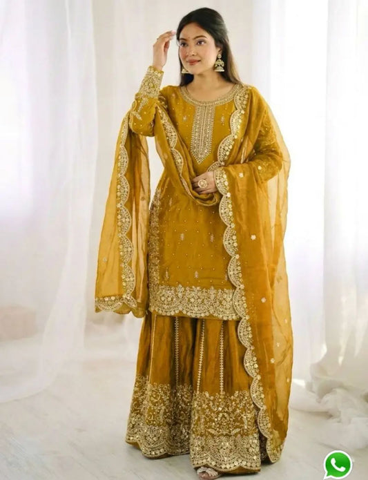 Latest Mustard Designer Silk Palazzo Suit for Women Party Wear In Germany