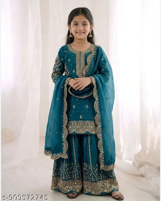 Teal Blue Embroidered Work Salwar Suit For Kid in Germany