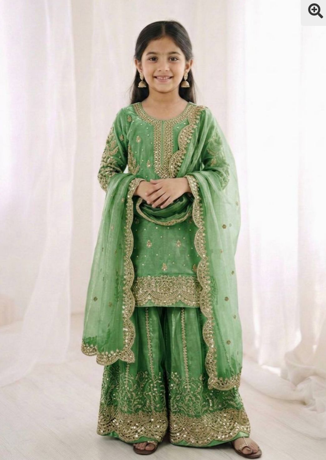 Parrot Green Embroidered Work Salwar Suit For Kid in Germany