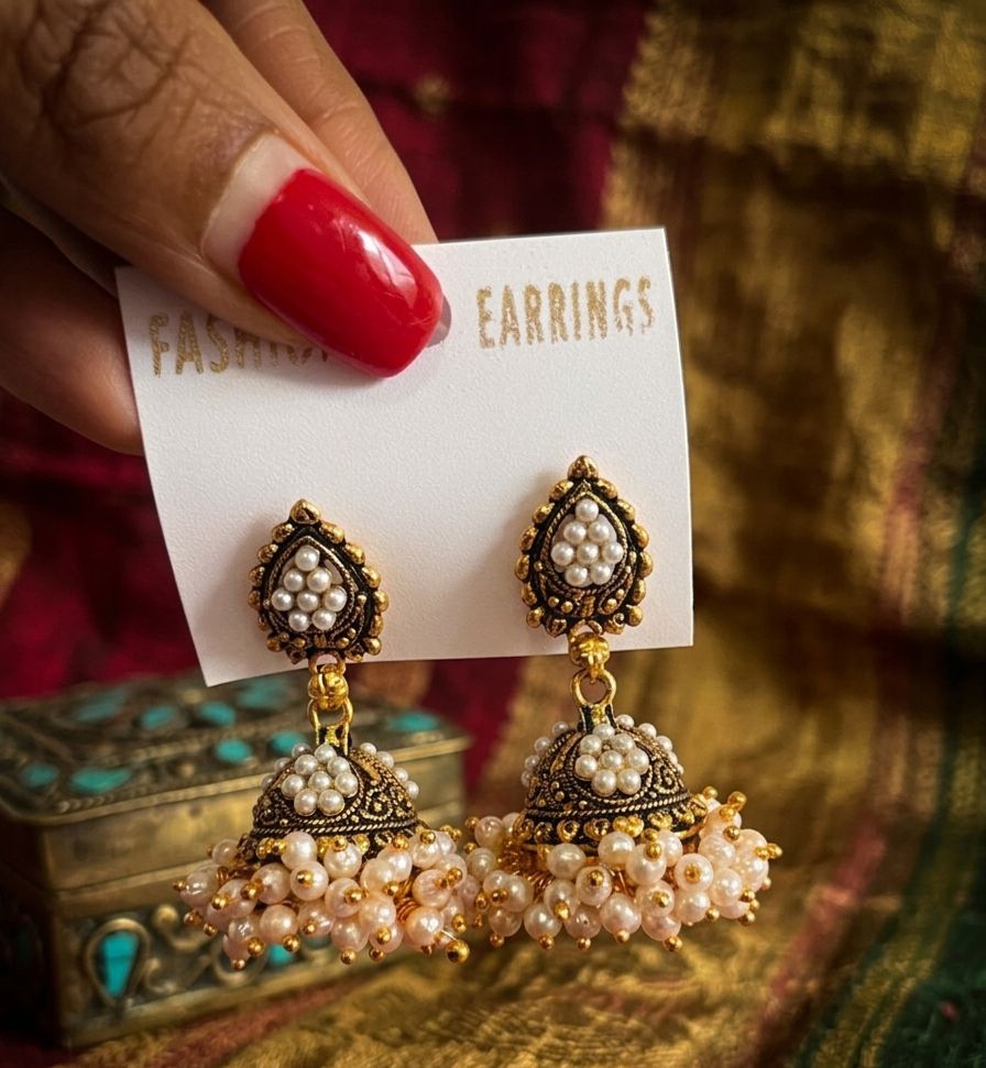 Gold Oxidised Pearl Jhumka Earrings for Girls and Women in Germany