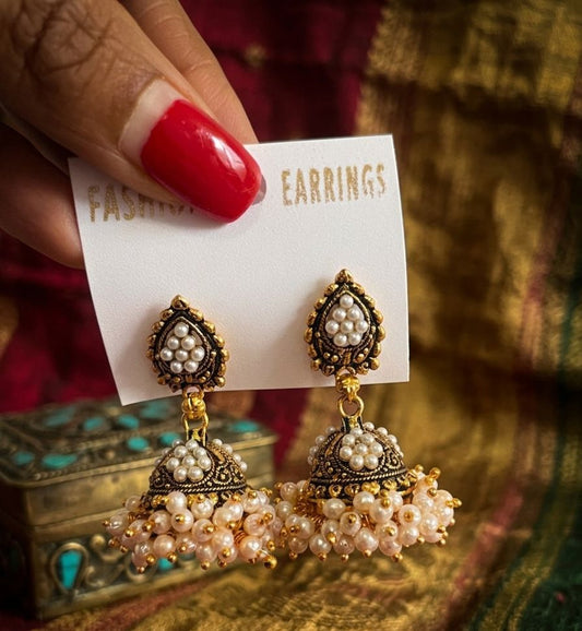 Gold Oxidised Pearl Jhumka Earrings for Girls and Women - Neha Couture Indian Fashion