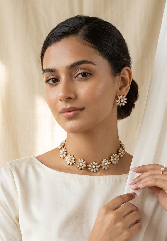 Elegant White Floral Choker Set with Matching Studs in Germany