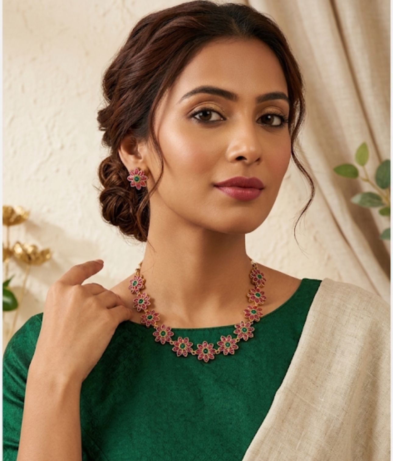 Elegant Pink Floral Choker Set with Matching Studs in Germany
