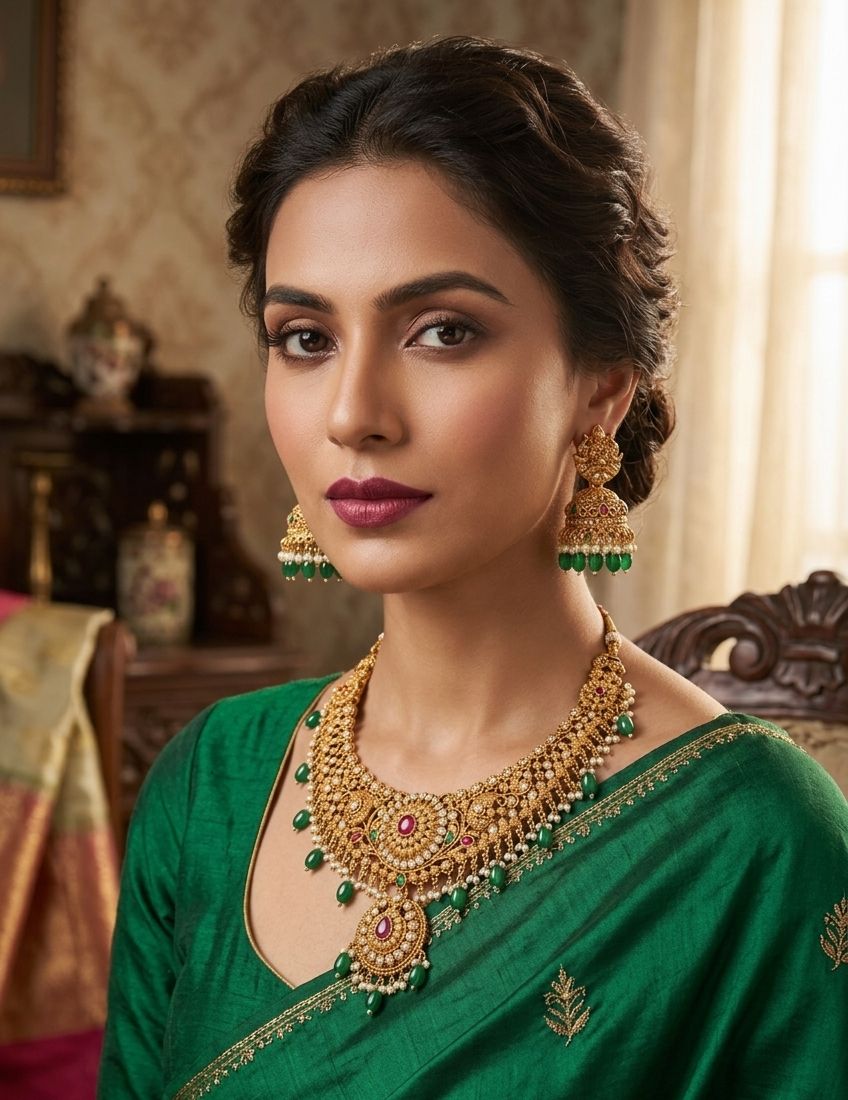 Peacock Lakshmi Necklace with Green & Pink Beads in Germany