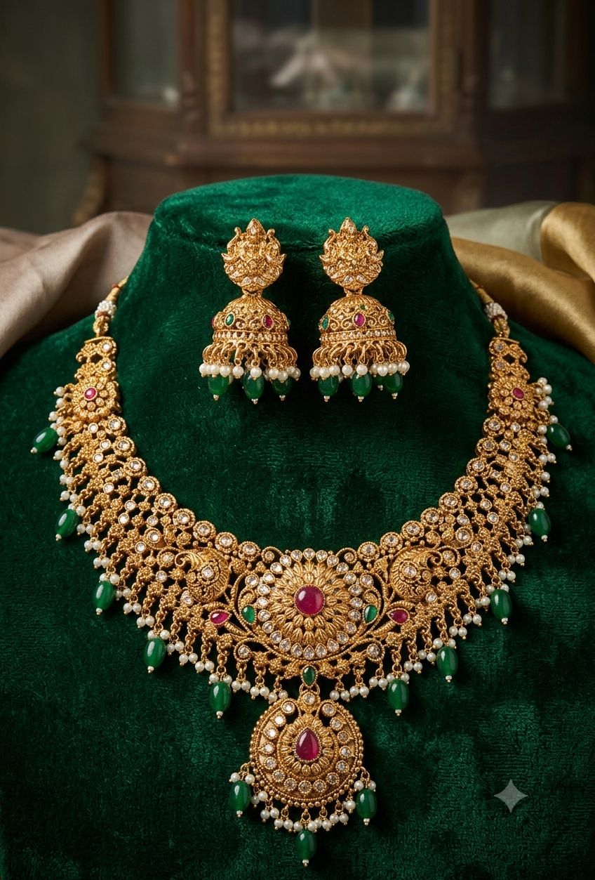 Peacock Lakshmi Necklace with Green & Pink Beads in Germany