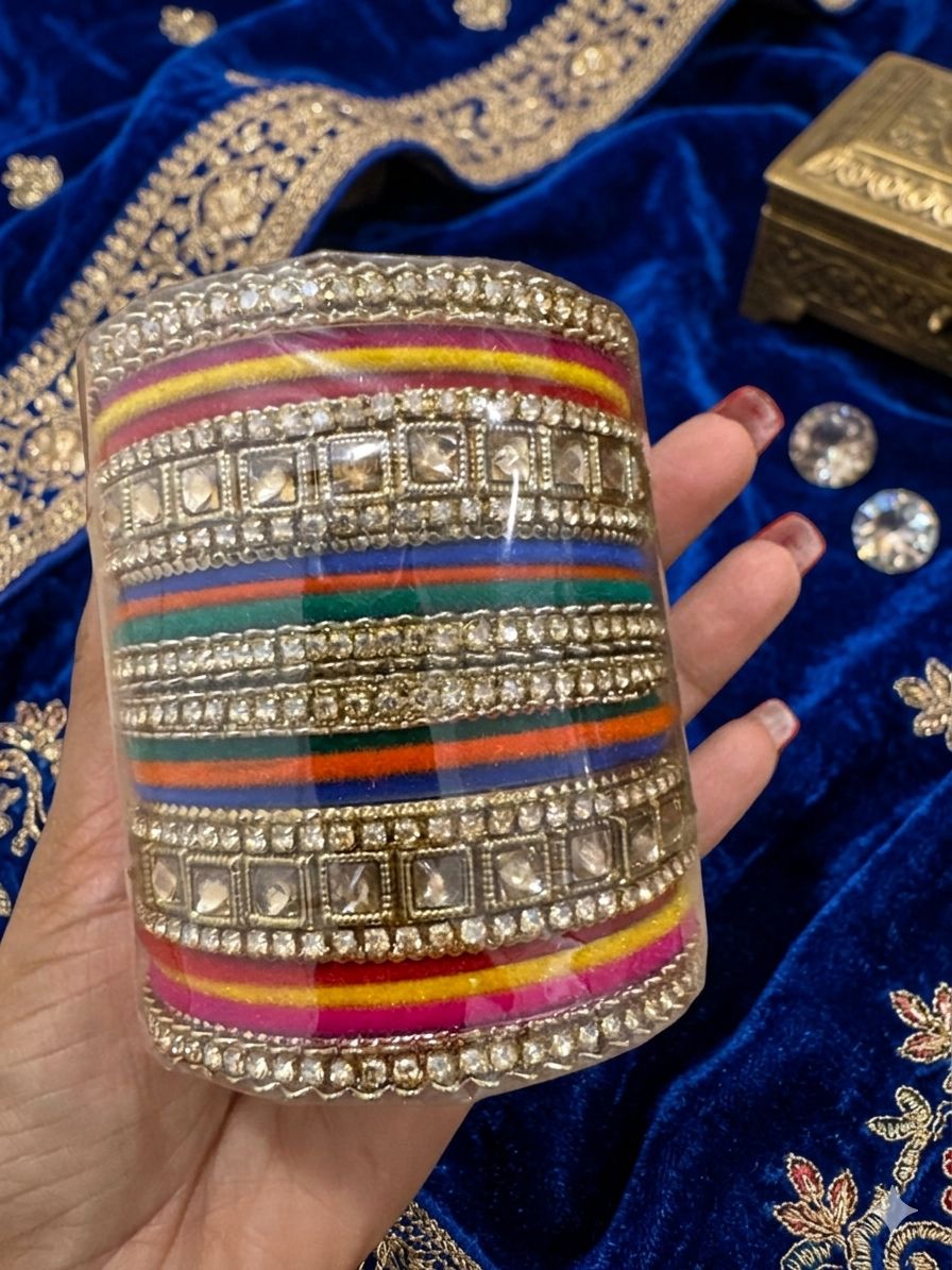Multicoloured Kundan Pearl Zirconia Velvet Metal Bangles Set in Germany