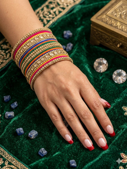 Multicoloured Kundan Pearl Zirconia Velvet Metal Bangles Set in Germany