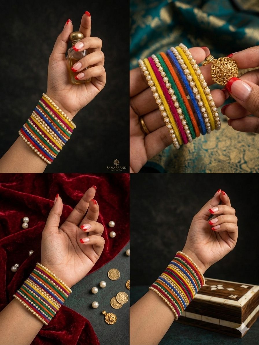 Multicoloured Kundan Pearl Zirconia Velvet Metal Bangles Set in Germany