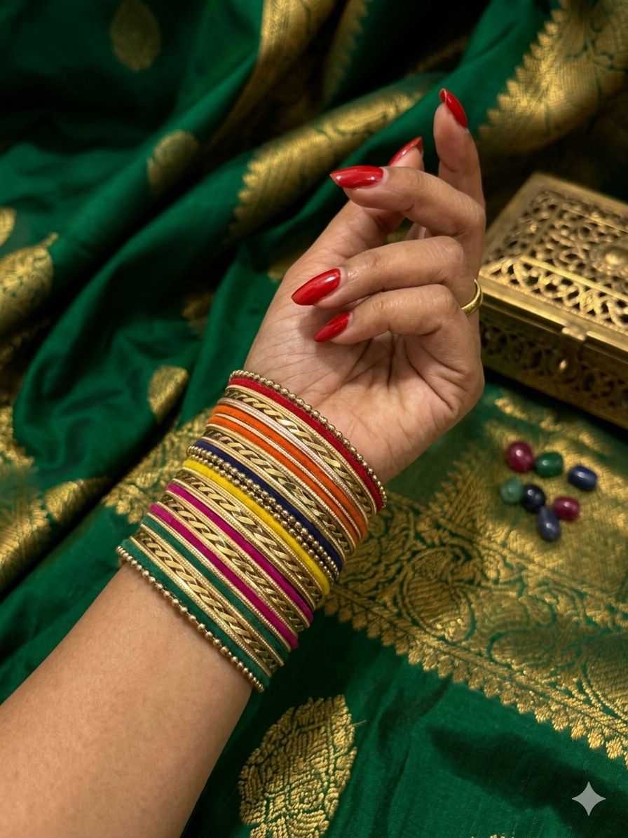 Multicoloured Kundan Pearl Zirconia Velvet Metal Bangles Set in Germany