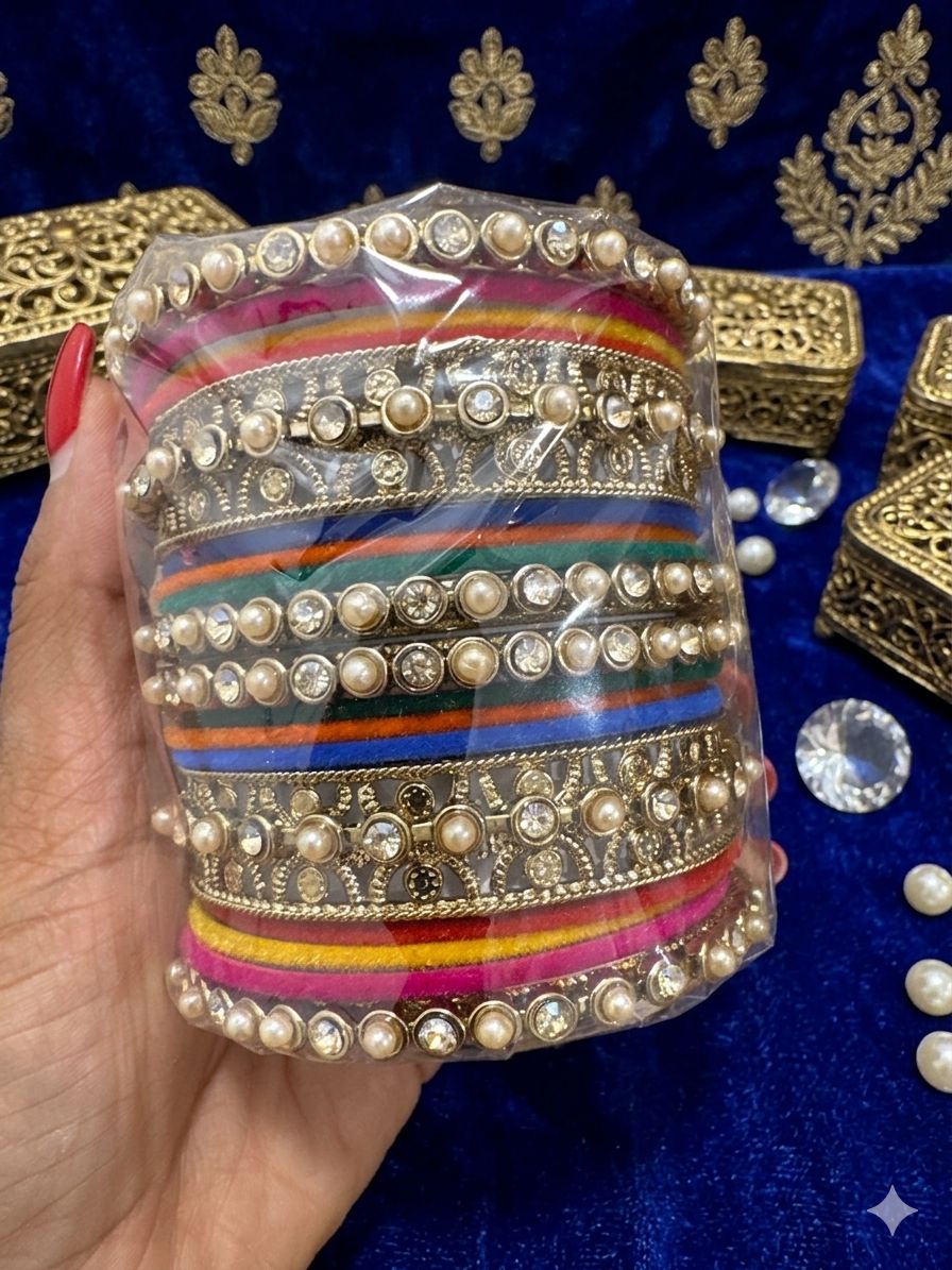 Multicoloured Kundan Pearl Zirconia Velvet Metal Bangles Set in Germany