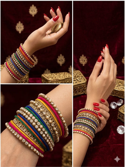 Multicoloured Kundan Pearl Zirconia Velvet Metal Bangles Set in Germany