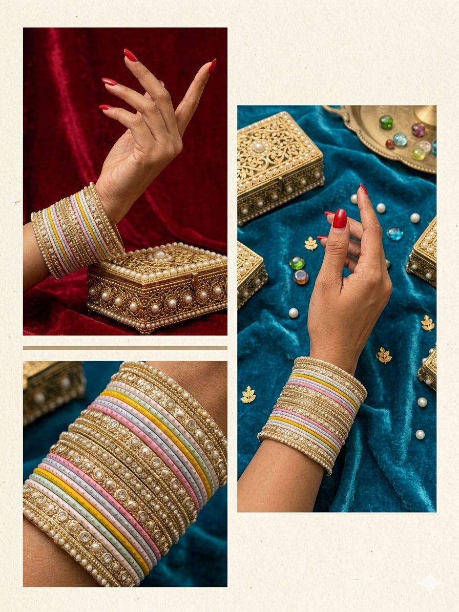 Multicoloured Kundan Pearl Zirconia Velvet Metal Bangles Set in Germany