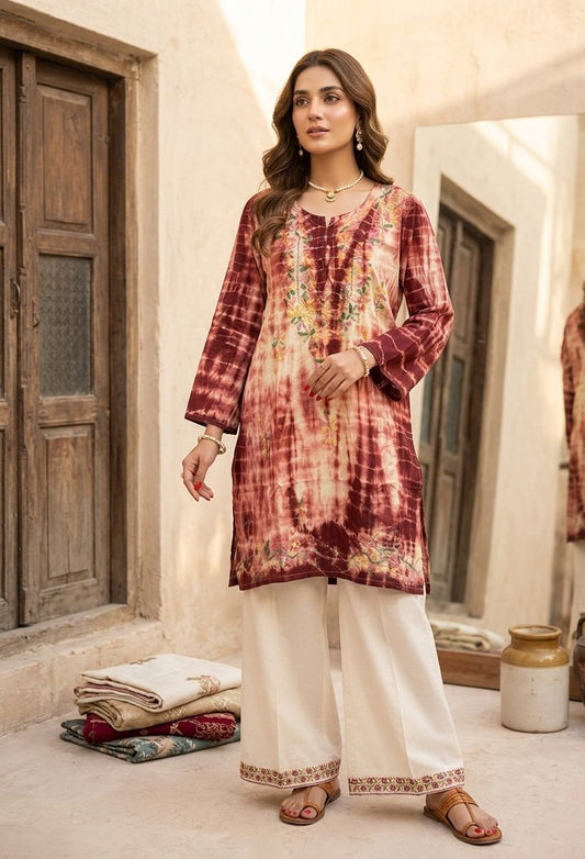 Beige & Maroon Tie-Dye Embroidered  Kurti in Germany