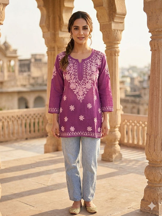Chikankari V-Round Neck Straight Kurti in Germany