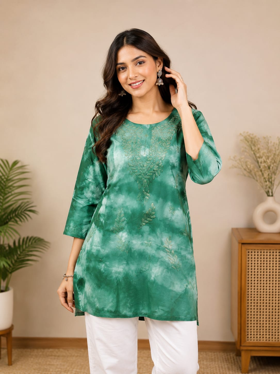 Green Tie-Dye Embroidered Short Kurti in Germany