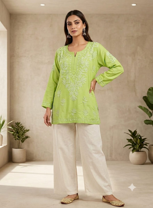Lime green hand-embroidered Lucknowi Chikankari short kurti in Germany