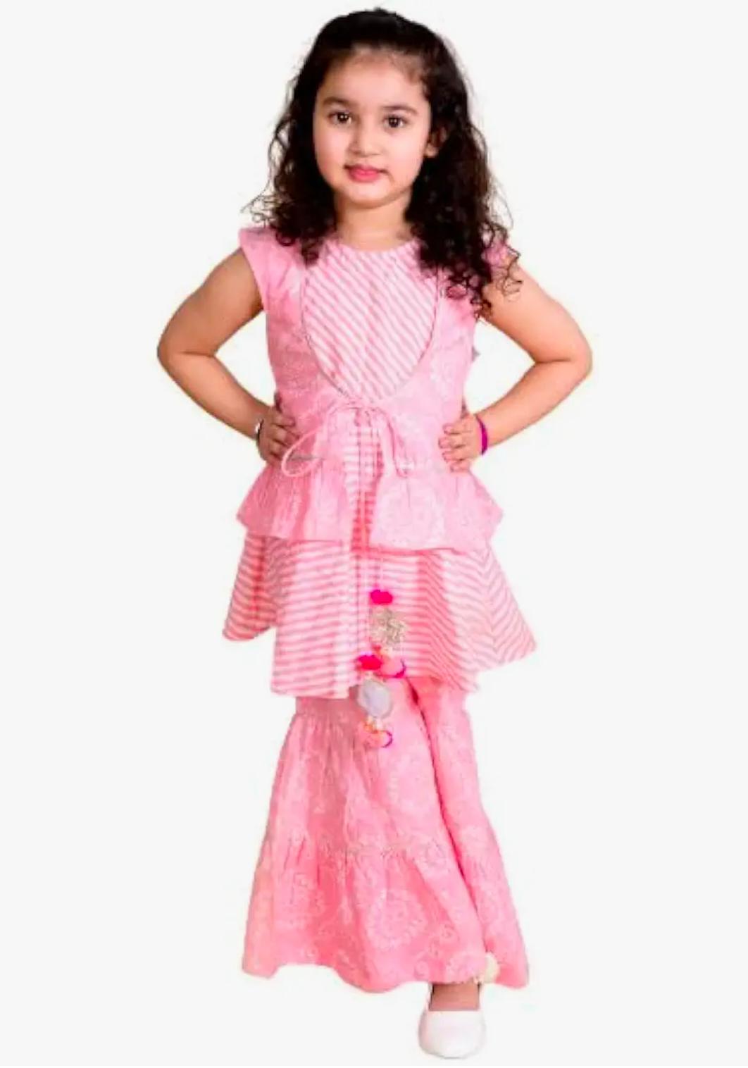 Girls Pink Floral Striped Empire Pure Cotton Kurti with Sharara In Germany