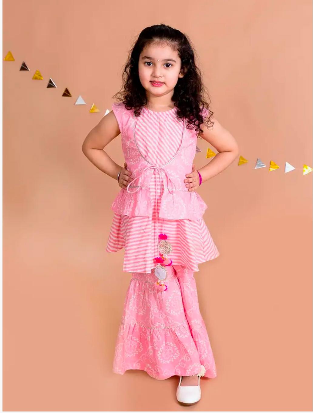 Girls Pink Floral Striped Empire Pure Cotton Kurti with Sharara In Germany