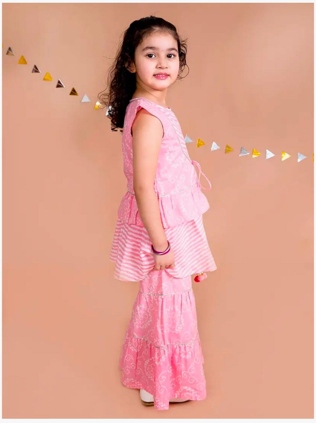 Girls Pink Floral Striped Empire Pure Cotton Kurti with Sharara In Germany