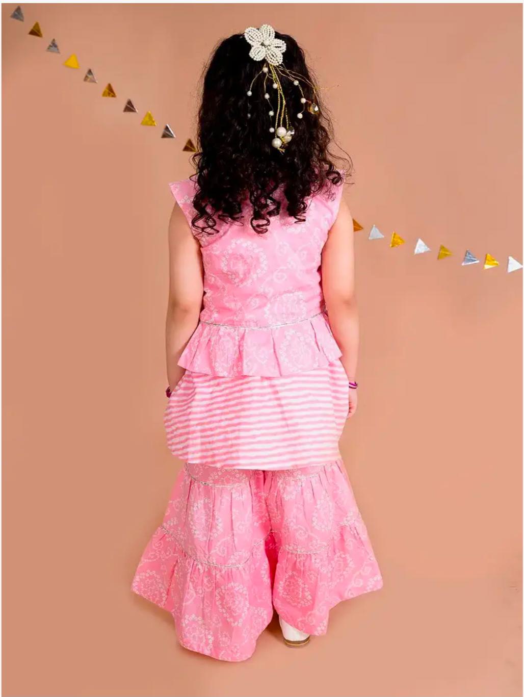 Girls Pink Floral Striped Empire Pure Cotton Kurti with Sharara In Germany