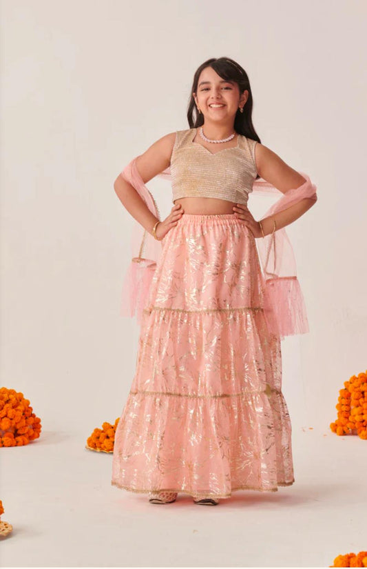 Girls Peach Ethnic Foil Print Shimmer Lurex Circular Lehenga & Choli With Dupatta in Berlin