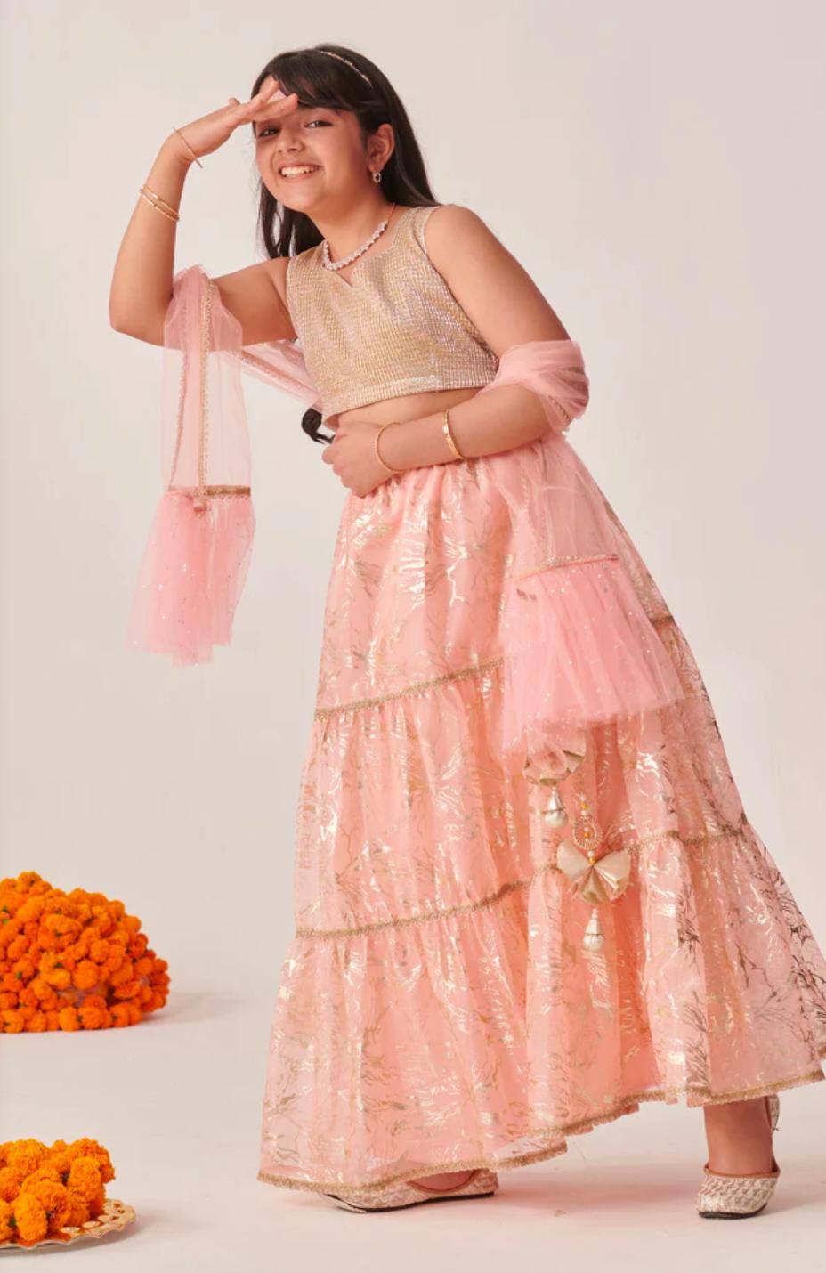 Girls Peach Ethnic Foil Print Shimmer Lurex Circular Lehenga & Choli With Dupatta in Berlin
