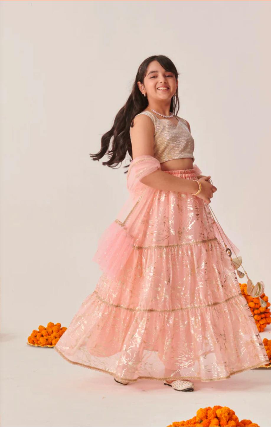 Girls Peach Ethnic Foil Print Shimmer Lurex Circular Lehenga & Choli With Dupatta in Berlin