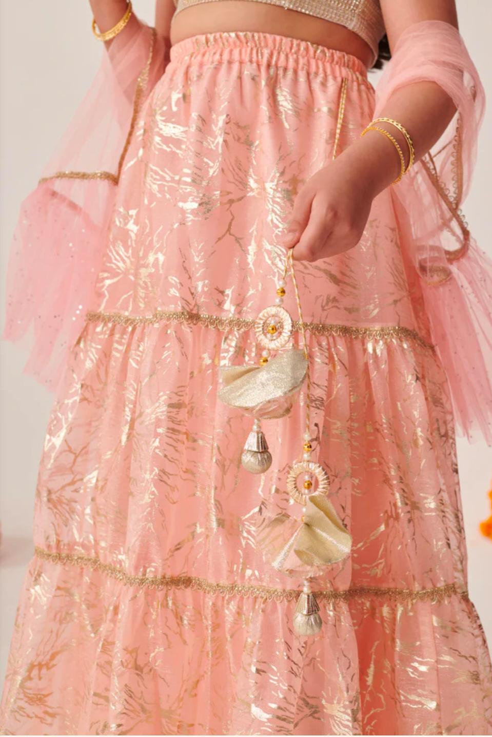 Girls Peach Ethnic Foil Print Shimmer Lurex Circular Lehenga & Choli With Dupatta in Berlin