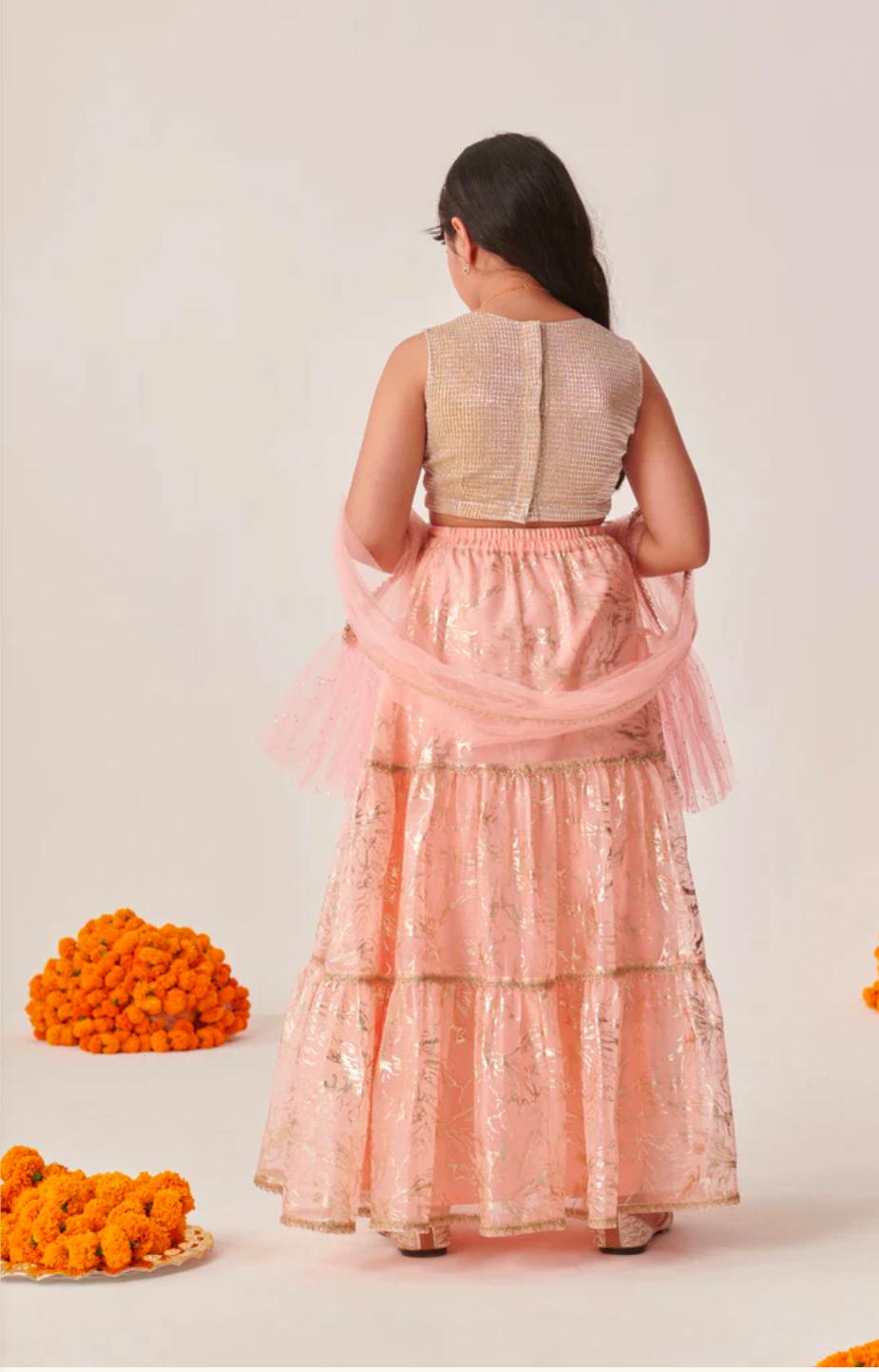Girls Peach Ethnic Foil Print Shimmer Lurex Circular Lehenga & Choli With Dupatta in Berlin