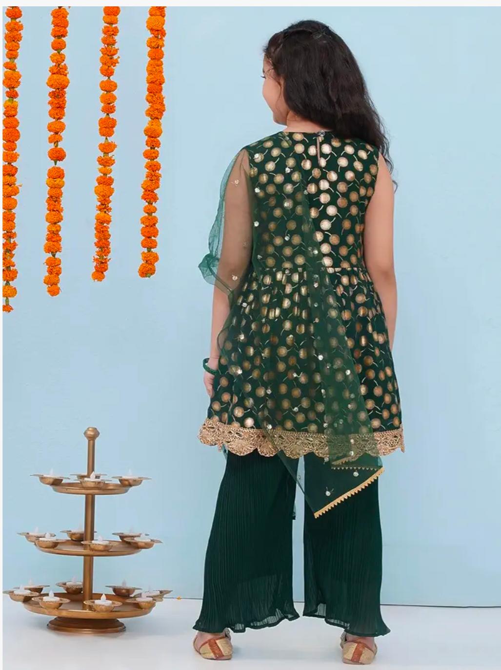 Ethnic Wear Motif Foil Printed Frock Style Salwar Suit Set For Girls With Dupatta in Berlin