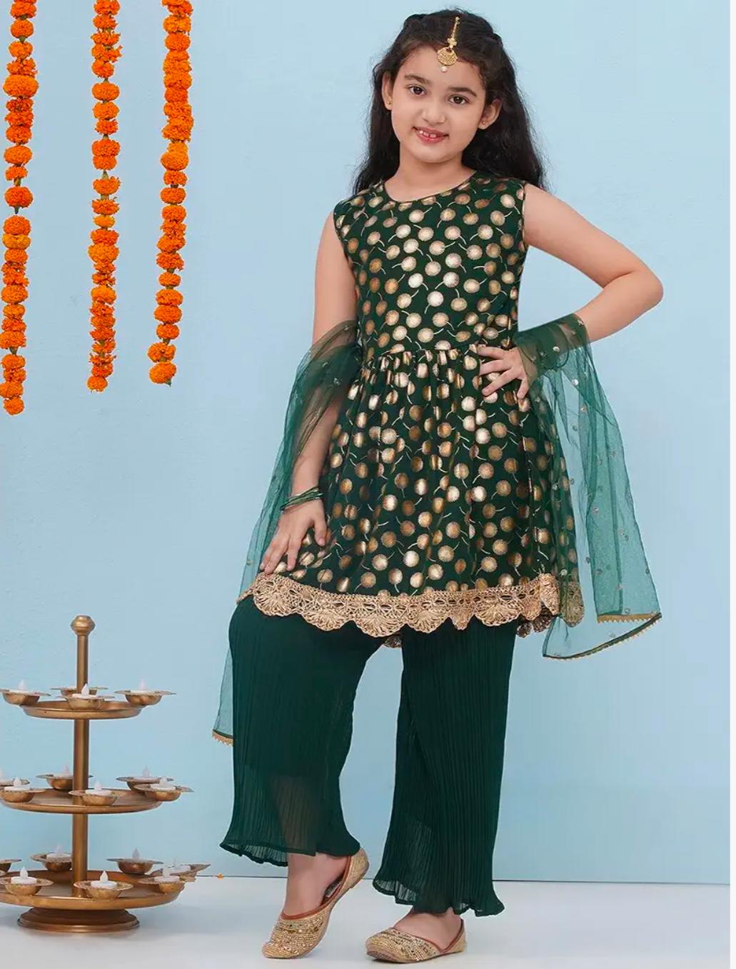 Ethnic Wear Motif Foil Printed Frock Style Salwar Suit Set For Girls With Dupatta in Berlin