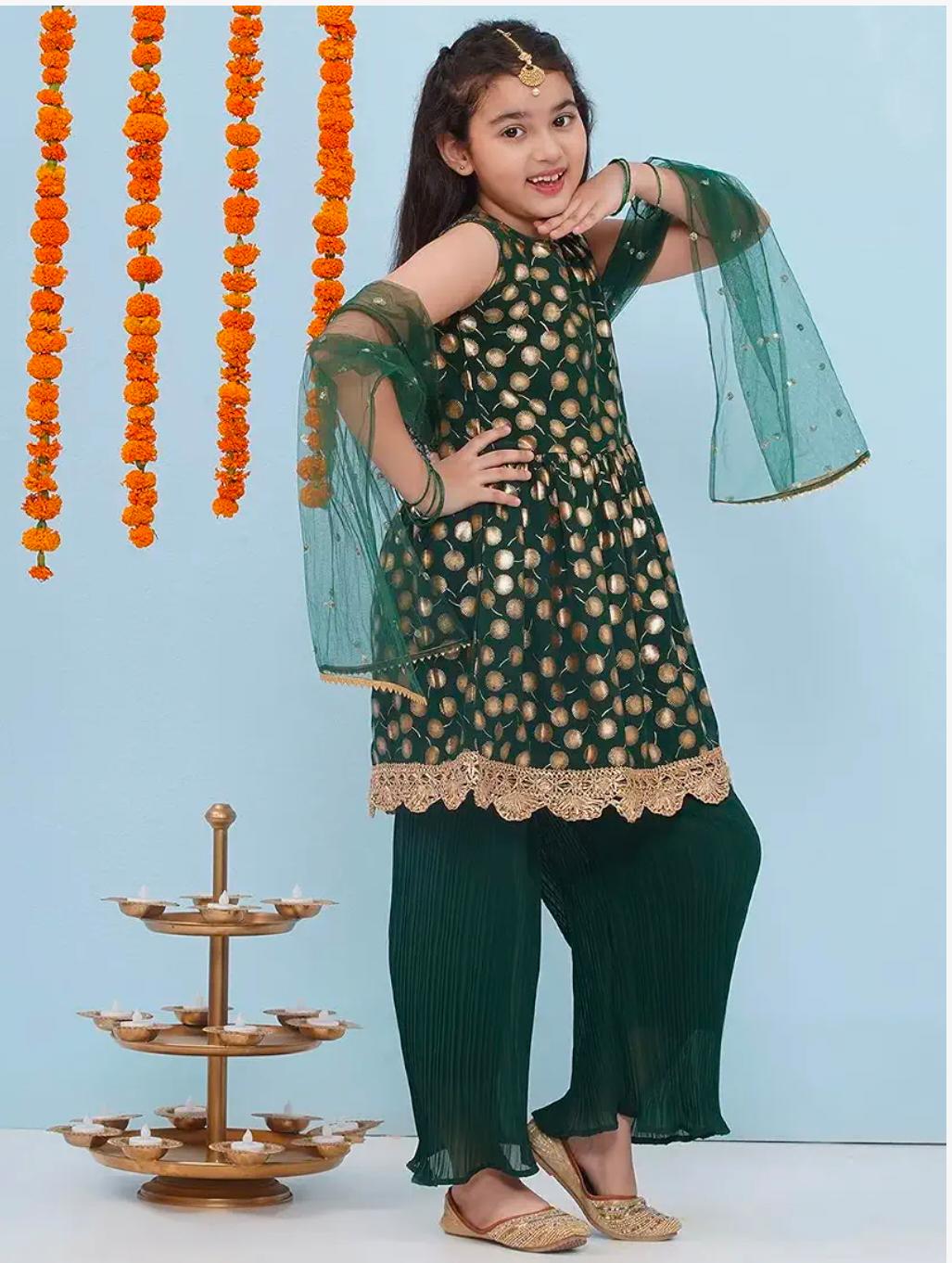 Ethnic Wear Motif Foil Printed Frock Style Salwar Suit Set For Girls With Dupatta in Berlin