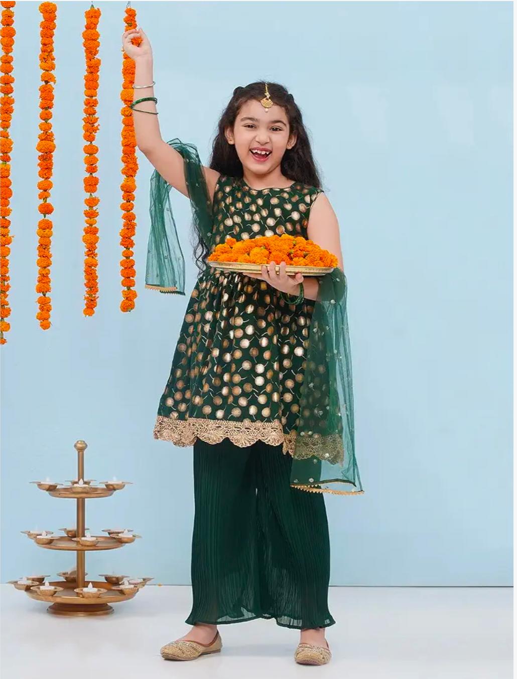 Ethnic Wear Motif Foil Printed Frock Style Salwar Suit Set For Girls With Dupatta in Berlin