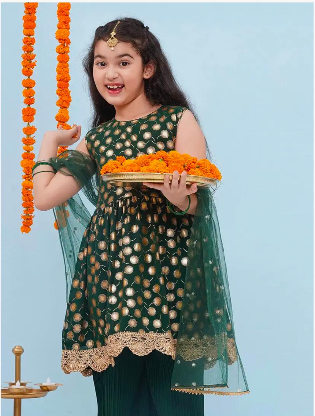 Ethnic Wear Motif Foil Printed Frock Style Salwar Suit Set For Girls With Dupatta in Berlin