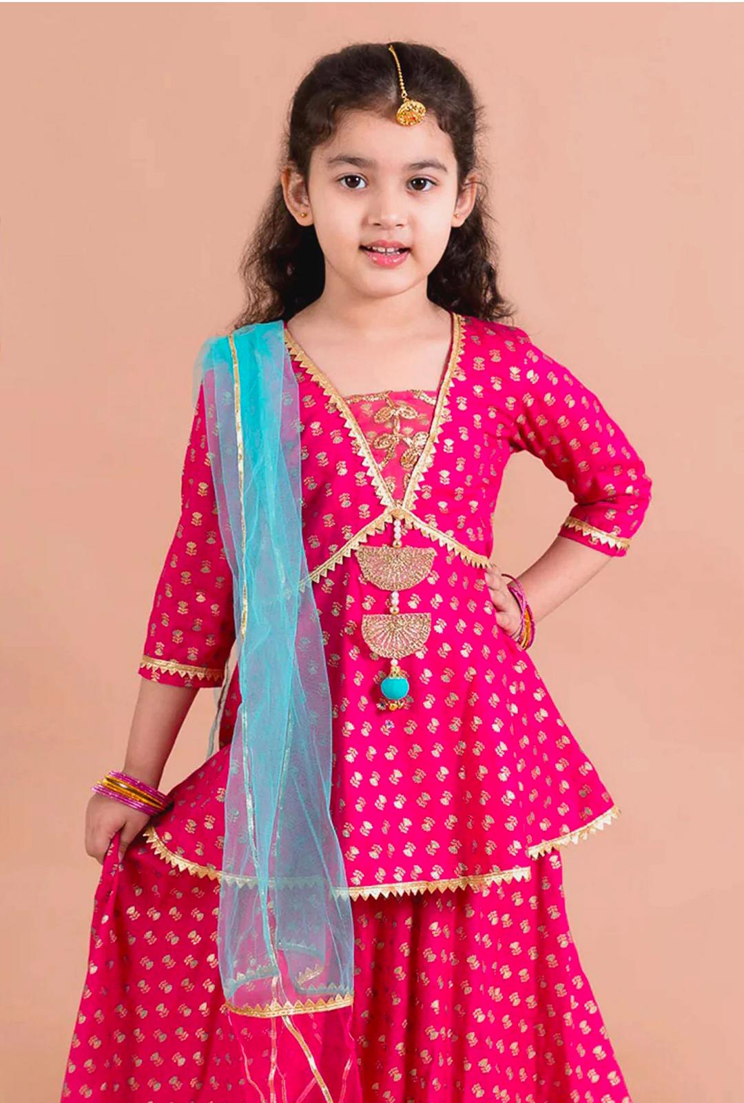 Pink Cotton Foil Printing Floral Kurta Lehenga Set in Berlin