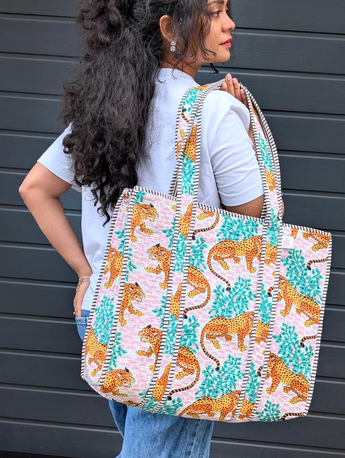 Leopard Quilted Printed Cotton Tote Bag in Germany