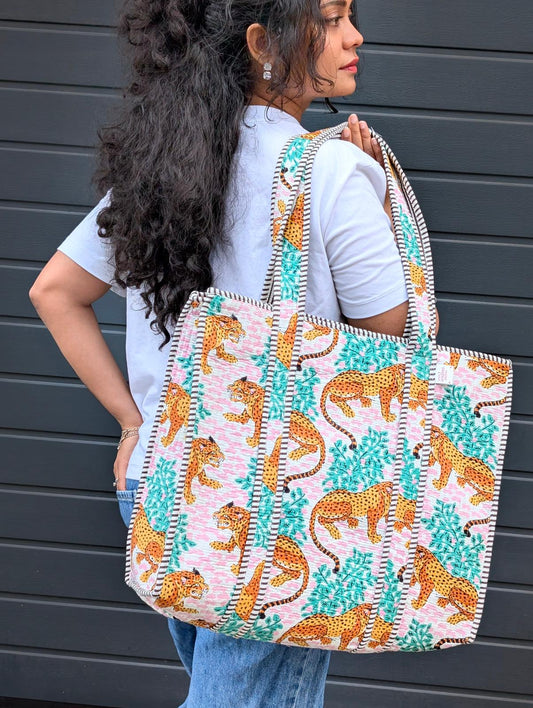 Leopard Quilted Printed Cotton Tote Bag in Germany