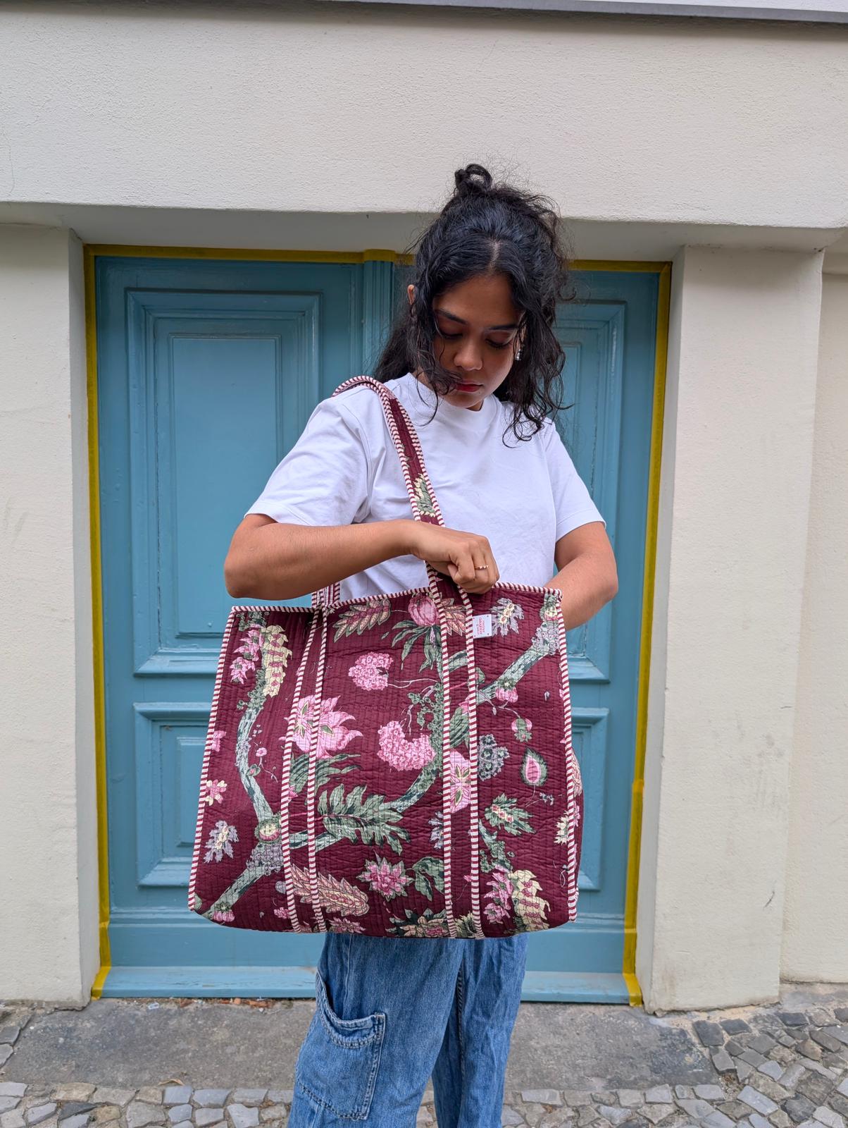 Handprinted Maroon & Pink Floral Print Quilted Cotton Tote Bag in Germany
